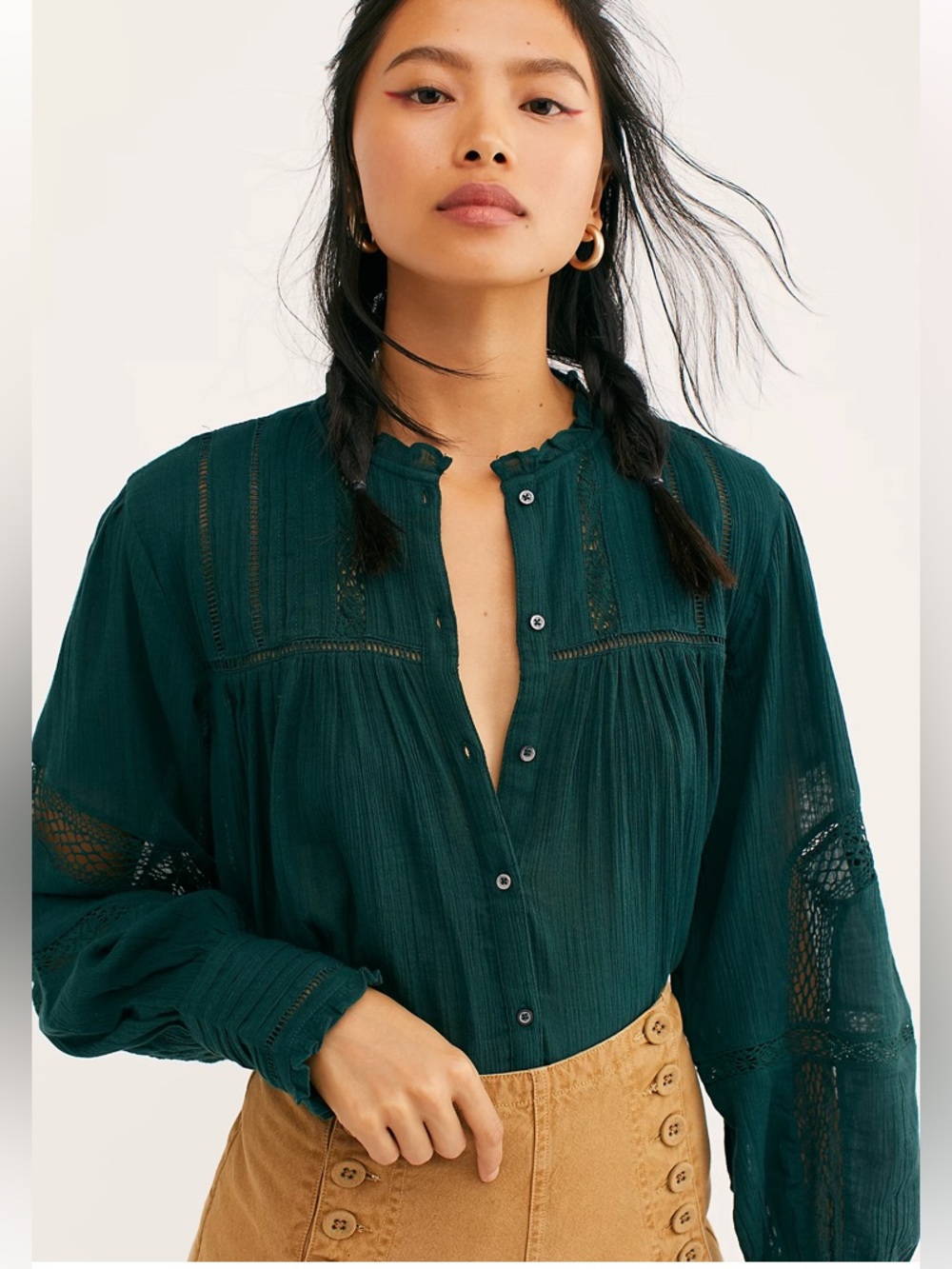 Free People Lace-Trim Button-Down Blouse